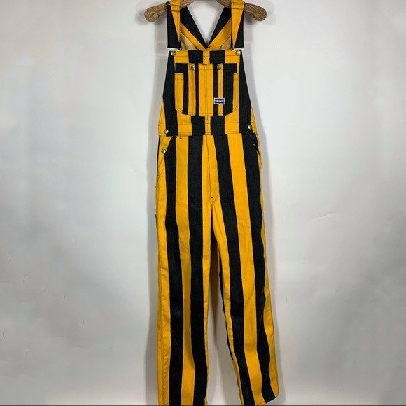 black and gold striped overalls